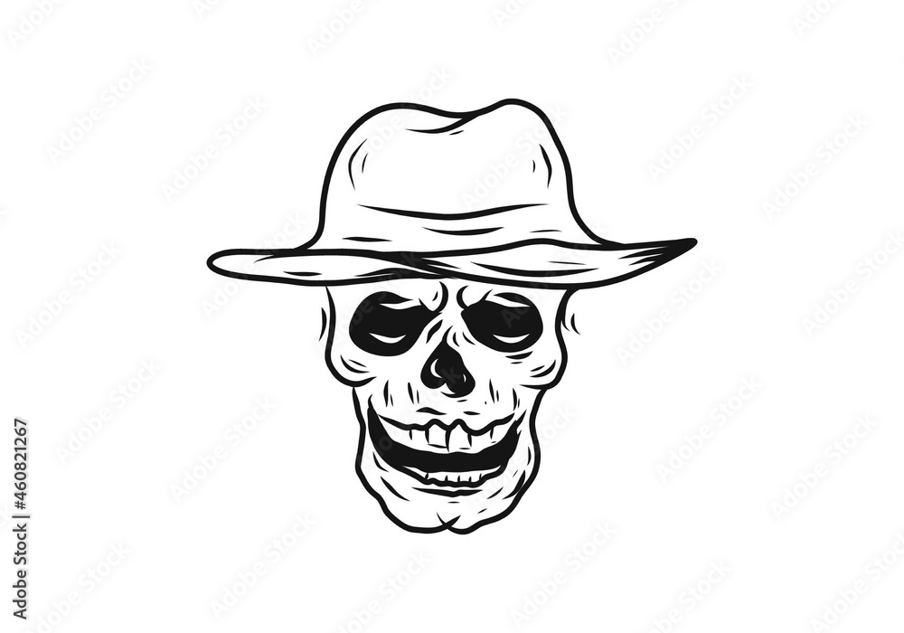 Black line art drawing of skull wearing cowboy hat
