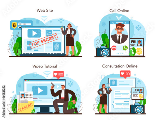 Spy online service or platform set. Secret agent or fbi investigating crime