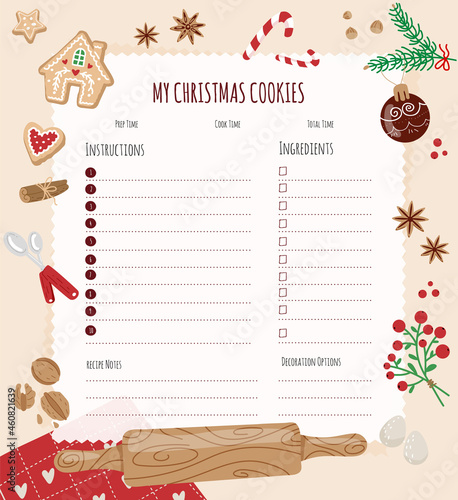 Blank page for Christmas recipes.Background with ingredients for christmas baking decorated with fir tree,cookies.
