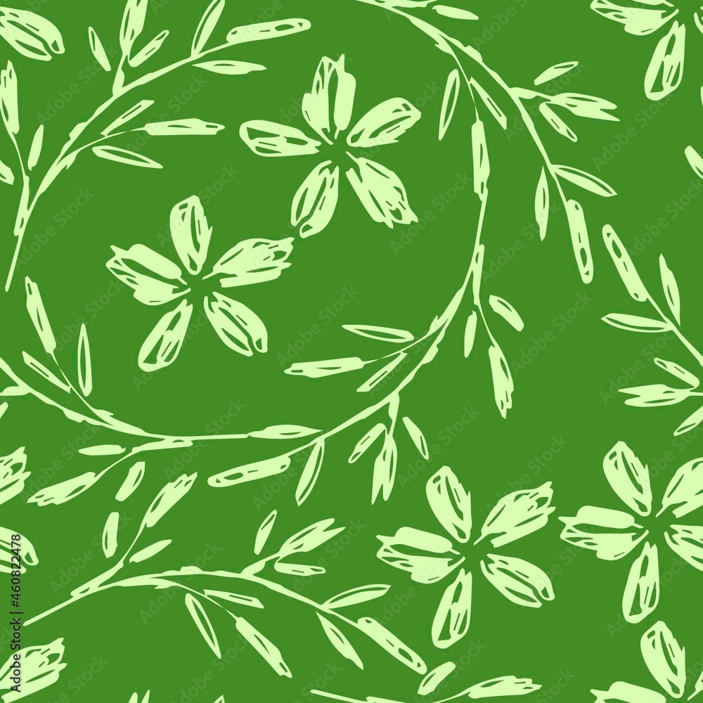 Simple floral vector seamless pattern. Light flowers, leaves, twigs on a green background. For printing on fabrics, textiles, clothing, stationery. Organic products, packaging.