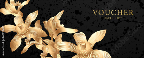 Voucher design template with gold tropical orchid flower pattern on black background. Luxury floral horizontal vector for summer banner, premium invitation, prestigious gift certificate