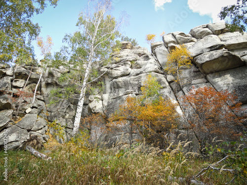 Indian summer in the mountains, against the background of rounded rocks, birch trees with yellow leaves, autumn. Mount Shikhan, Chelyabinsk region, Russia. photo