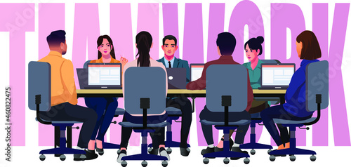 business people meeting at a big conference desk startup company people working together colorful flat style vector illustration charactors