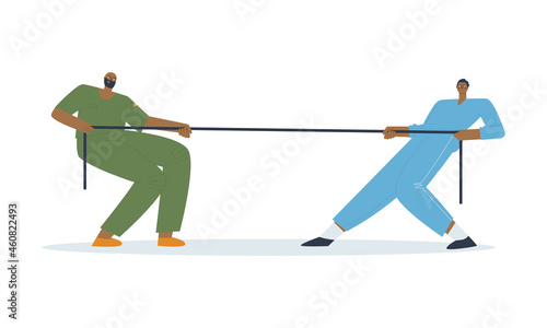 Tug of war man vs. man Multicolored people pulling at opposite ends of the rope. Competition, rivalry, struggle. Flat vector illustration. 