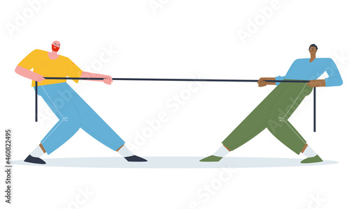Tug of war man vs. man Multicolored people pulling at opposite ends of the rope. Competition, rivalry, struggle. Flat vector illustration. 