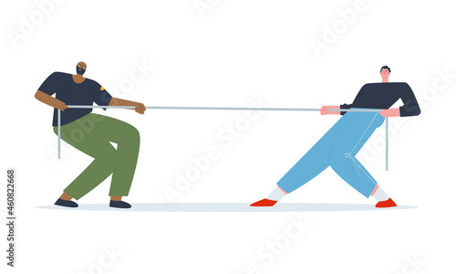 Tug of war man vs. man Multicolored people pulling at opposite ends of the rope. Competition, rivalry, struggle. Flat vector illustration. 