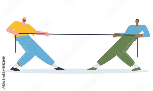 Tug of war man vs. man Multicolored people pulling at opposite ends of the rope. Competition, rivalry, struggle. Flat vector illustration. 