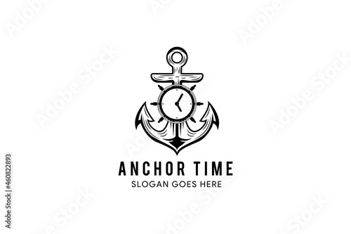 anchor time logo design template. flat black color. isolated on horizontal white background.