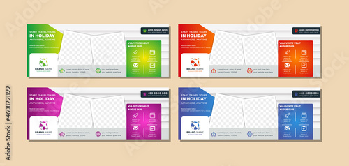 Travel tours banner template, horizontal advertising business banner layout template gradient design set, clean abstract cover header background for website design. 