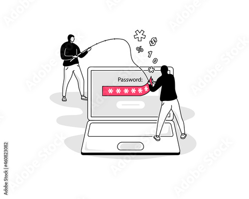 Illustration of password leak symbol with a laptop and two hackers. Easy to use for your website or presentation.