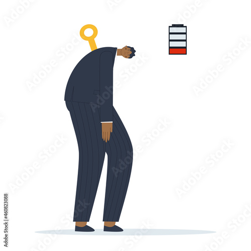 The man ran out of strength. Tired and powerless. The battery is dead. Man with a winding key. Flat vector illustration