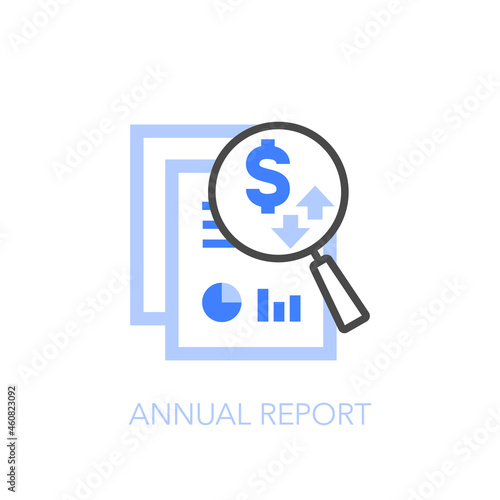 Annual report symbol with a document with charts and a magnifier. Easy to use for your website or presentation.