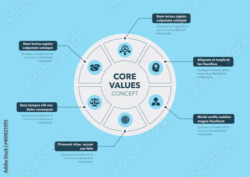 Modern concept for core value diagram with six steps and place for your description - blue version. Flat infographic design template for website or presentation.