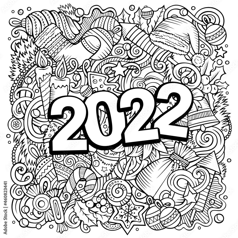 2022 hand drawn doodles illustration. New Year objects and elements poster 2022 hand drawn doodles illustration. New Year objects and elements poster