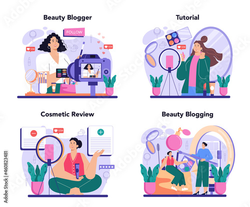 Beauty blogger concept set. Internet celebrity in social network. Popular female