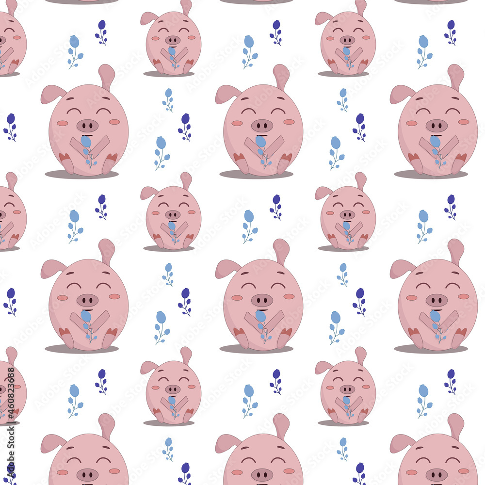 seamless pattern cute little pink pig sitting and holding blue berries seamless pattern cute little pink pig sitting and holding blue berries