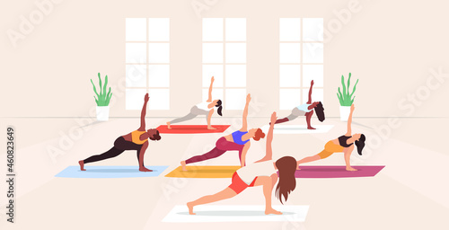 Yoga class. Group of people in the studio practicing yoga with the yoga instructor. Vector illustration