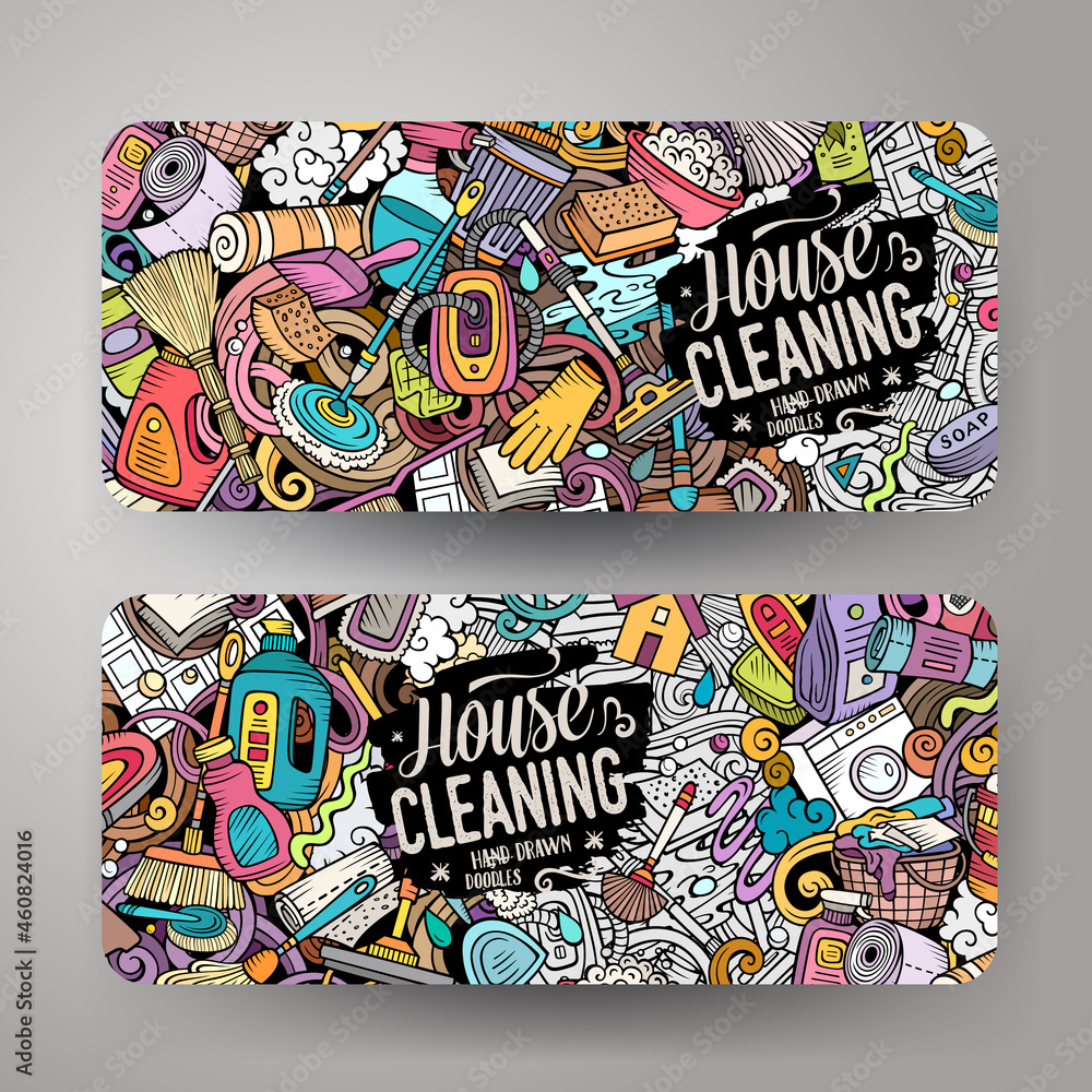 Cartoon cute doodles Cleaning horizontal banners set