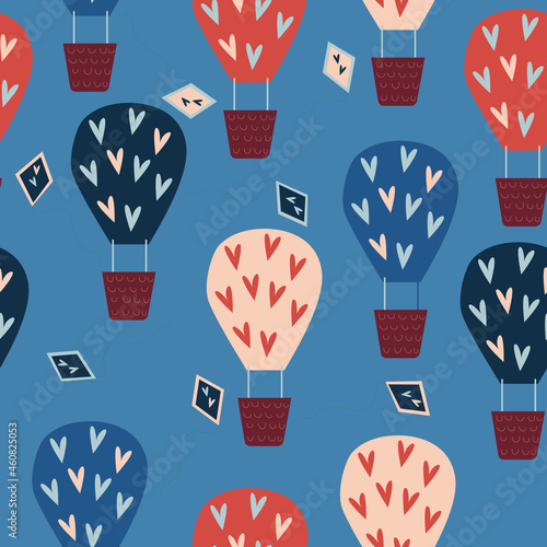 Colorful Seamless pattern of cute balloons decorated with designs of hearts and kites. Cute vector illustration	