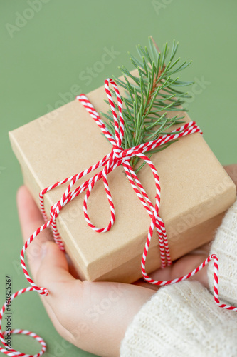 Christmas gift box with twig of Christmas tree in human hands