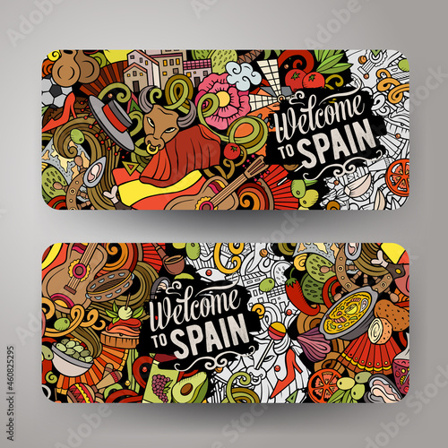 Cartoon cute doodles Spain horizontal banners set