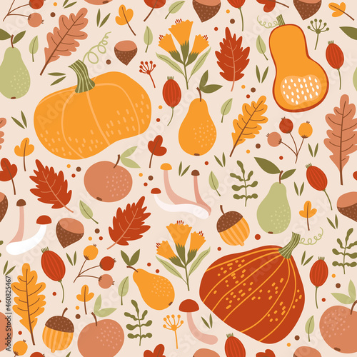 Seamless autumn pattern. Pumpkins, berries, leaves and fruits