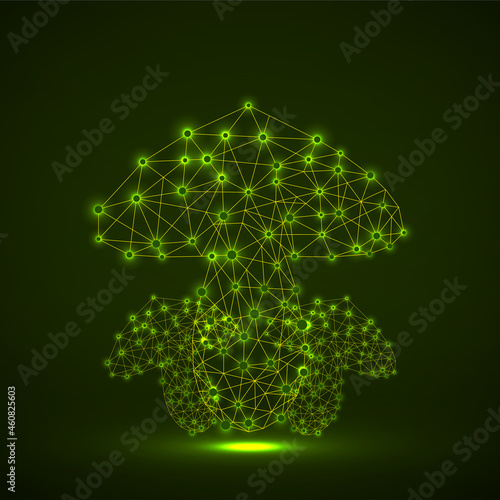 Polygonal mushrooms of glowing dots, neon icon, vector illustration