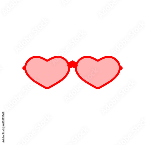 Love heart glasses. Red sunglasses with pink lenses heart shape. Vector clipart on white background. Isolated illustration. 