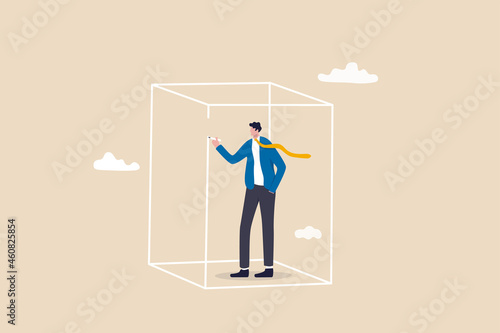 Set privacy zone, personal barrier to focus or work boundary, space to be with yourself concept, introvert businessman drawing box to cover privacy zone or boundary to protect from distraction.