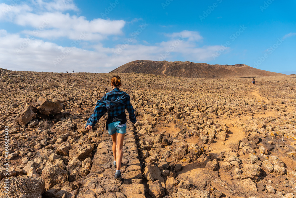Trail to the Crater of the Calderon Hondo volcano near Corralejo, north coast of the island of Fuerteventura, Canary Islands. Spain