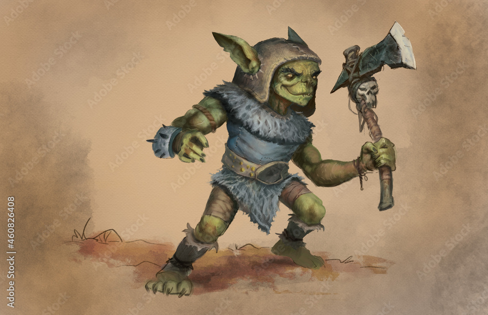 Digital painting of a primitive goblin with a war axe on aged paper background for spot book interior - fantasy illustration - obrazy, fototapety, plakaty 