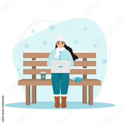 Young woman freelancer with laptop and coffee sitting on the bench in winter nature with snowflakes. Freelance working, online studying, education concept. Flat design vector illustration