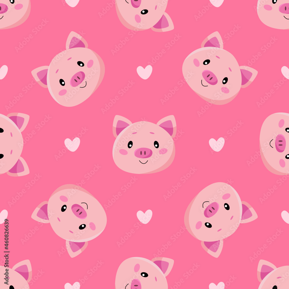 Seamless pattern with cute cartoon pigs and hearts isolated on pink background Seamless pattern with cute cartoon pigs and hearts isolated on pink background