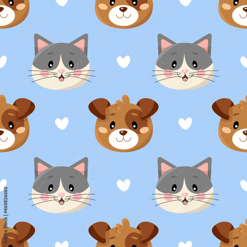 Seamless pattern with cute cartoon cats and dogs and hearts isolated on blue background