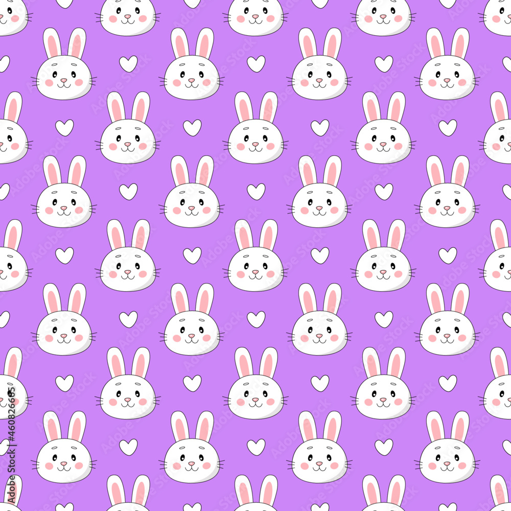 Obraz premium Seamless pattern with cute cartoon rabbits and hearts isolated on violet background