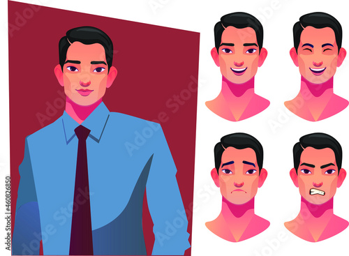 handsome office man with different facial expressions set vector illustration