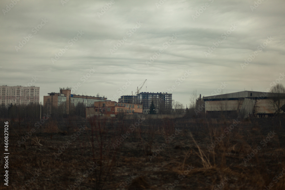 The cityscape on a cloudy day.