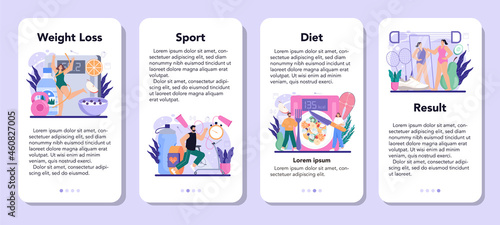 Slimming process mobile application banner set. Person losing