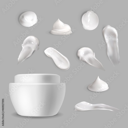 Cosmetic cream realistic brush strokes. White creamy skin care lotion drop and jar, beauty product serum thick fresh smooth smear, blank container side view, vector 3d isolated set