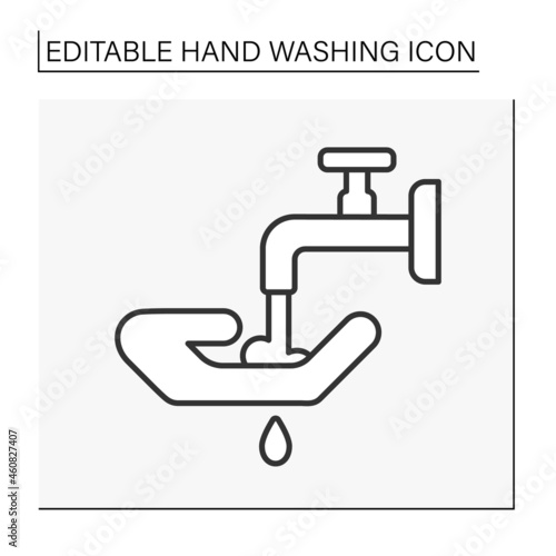  Hand washing line icon. Cleaning palms under water. Hygiena concept. Isolated vector illustration. Editable stroke