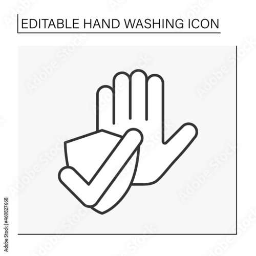  Care line icon. Protected palm from viruses. Disinfection. Hand washing. Hygiena concept. Isolated vector illustration. Editable stroke photo