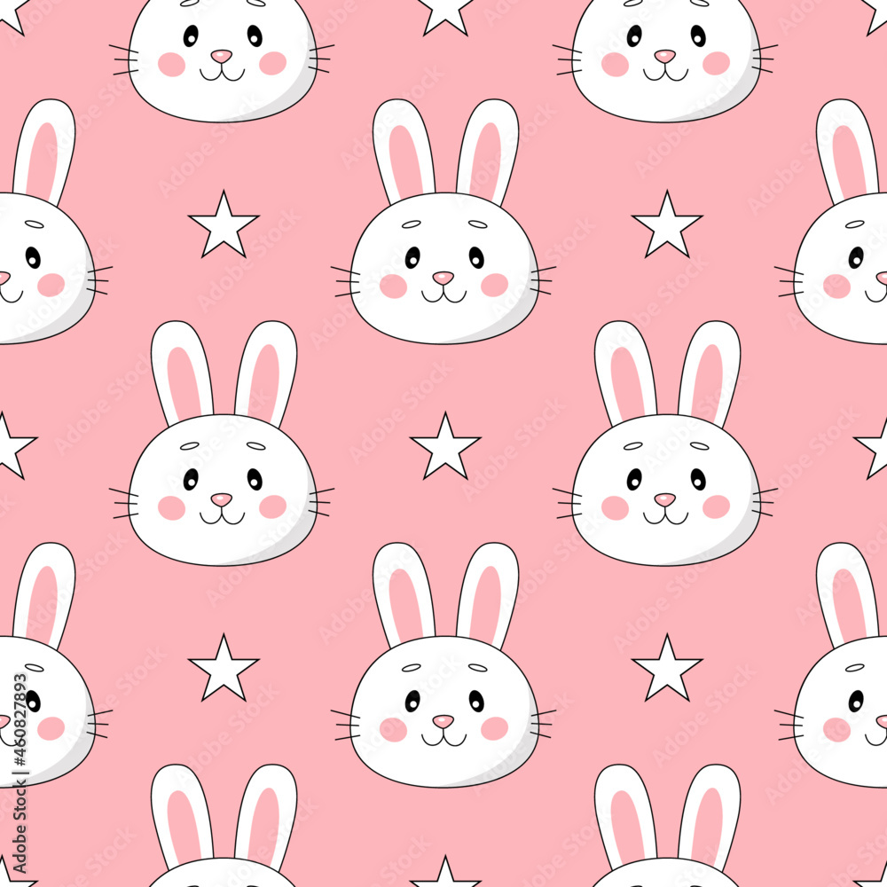 Seamless pattern with cute cartoon rabbits and stars isolated on pink background Seamless pattern with cute cartoon rabbits and stars isolated on pink background