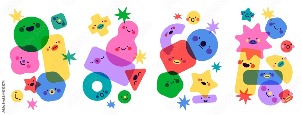 Geometric shapes faces. Funny abstract figures groups, cute childish emotions, simple color characters, modern style, kids card or poster template, vector isolated compositions Geometric shapes faces. Funny abstract figures groups, cute childish emotions, simple color characters, modern style, kids card or poster template, vector isolated compositions