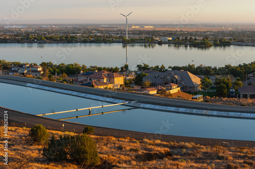 Dawn view of Lake Palmdale and the Los Angeles Aqueduct in Palmdale, California, United States.