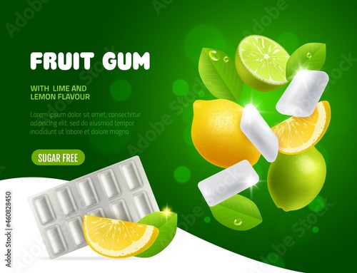 Fruit chewing gum. Lime and lemon taste bubblegum, vortex of flying citrus slices with leaves and white pads, fresh taste candies double flavor, oral health product, vector advertising poster