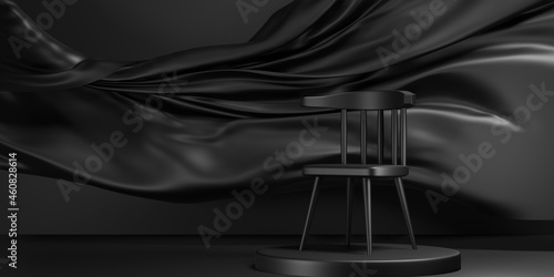 Black chair on podium and  luxury fabric background. 3d illustration