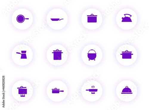 dishes purple color vector icons on light round buttons with purple shadow. dishes icon set for web, mobile apps, ui design and print