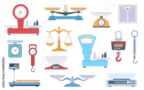 Scales types. Different scales variants, weighing balance, cartoon flat style, cargo and grocery, fitness and pharmacy, electronic and analog, vector cartoon isolated measuring devices set