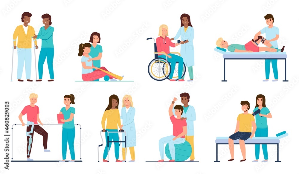 People rehab. Medical staff helps handicapped patients, physical health therapy, treatments and development joint mobility, therapists and nurses work, vector cartoon flat isolated set People rehab. Medical staff helps handicapped patients, physical health therapy, treatments and development joint mobility, therapists and nurses work, vector cartoon flat isolated set