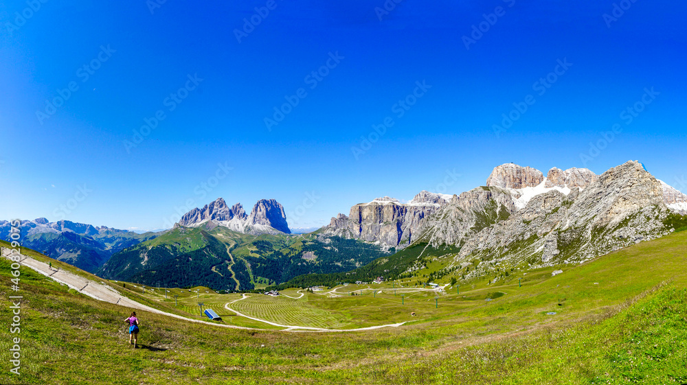 Panorama towards Sassolungo Group and Sella Group , Dolomiti, Italy.